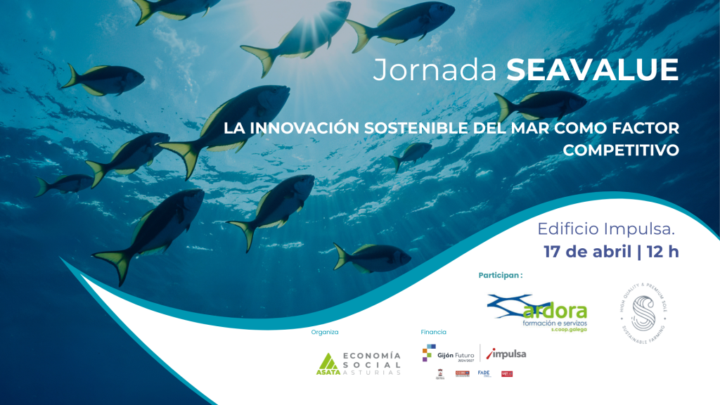 Cartel de la jornada SeaValue en Gijón sobre innovación sostenible del mar, economía azul y acuicultura, organizada por ASATA